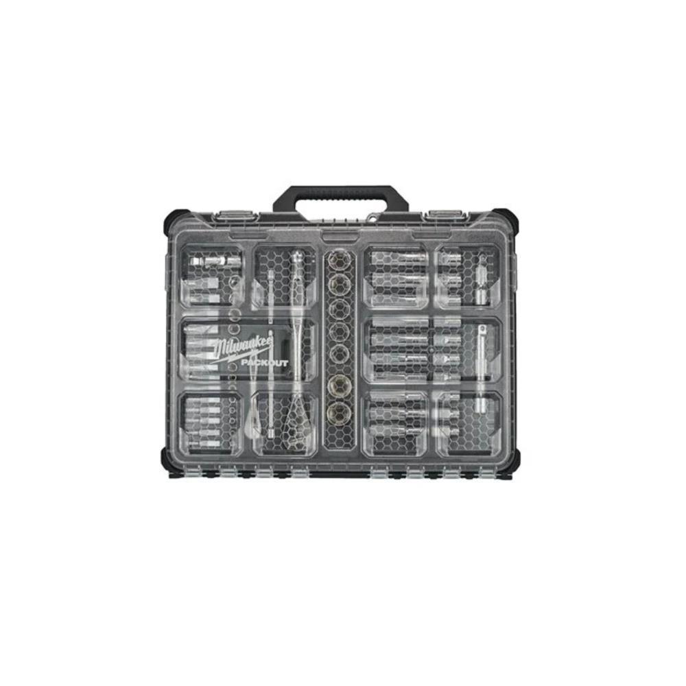 Jg. 63pcs c/chave caixa e roquete 1/4-1/2" packout Milwaukee
