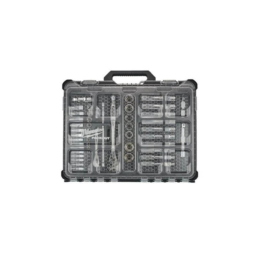 Jg. 63pcs c/chave caixa e roquete 1/4-1/2" packout Milwaukee